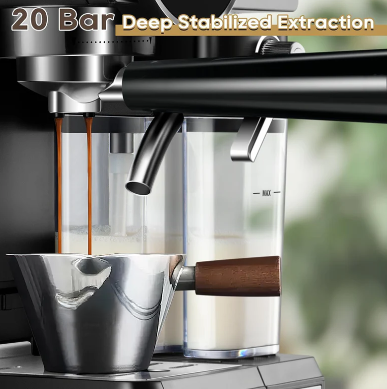 Kaffeemaschine mit Milchaufschäumer – Cappuccino-Maschine für Espresso, Cappuccino und Latte auf Knopfdruck, mit manuellem Modus für kreative Kaffeespezialitäten und Reinigungsfunktion  Oder kompakter / je nach Kontext: