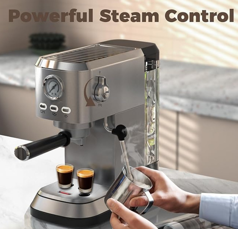 Kaffeemaschine – Espressomaschine mit 20 Bar Druck, Milchaufschäumer, heißer Espresso & Cold Brew, 1,5-Liter-Wassertank, sichtbares Manometer, kompaktes Design für die Arbeitsplatte